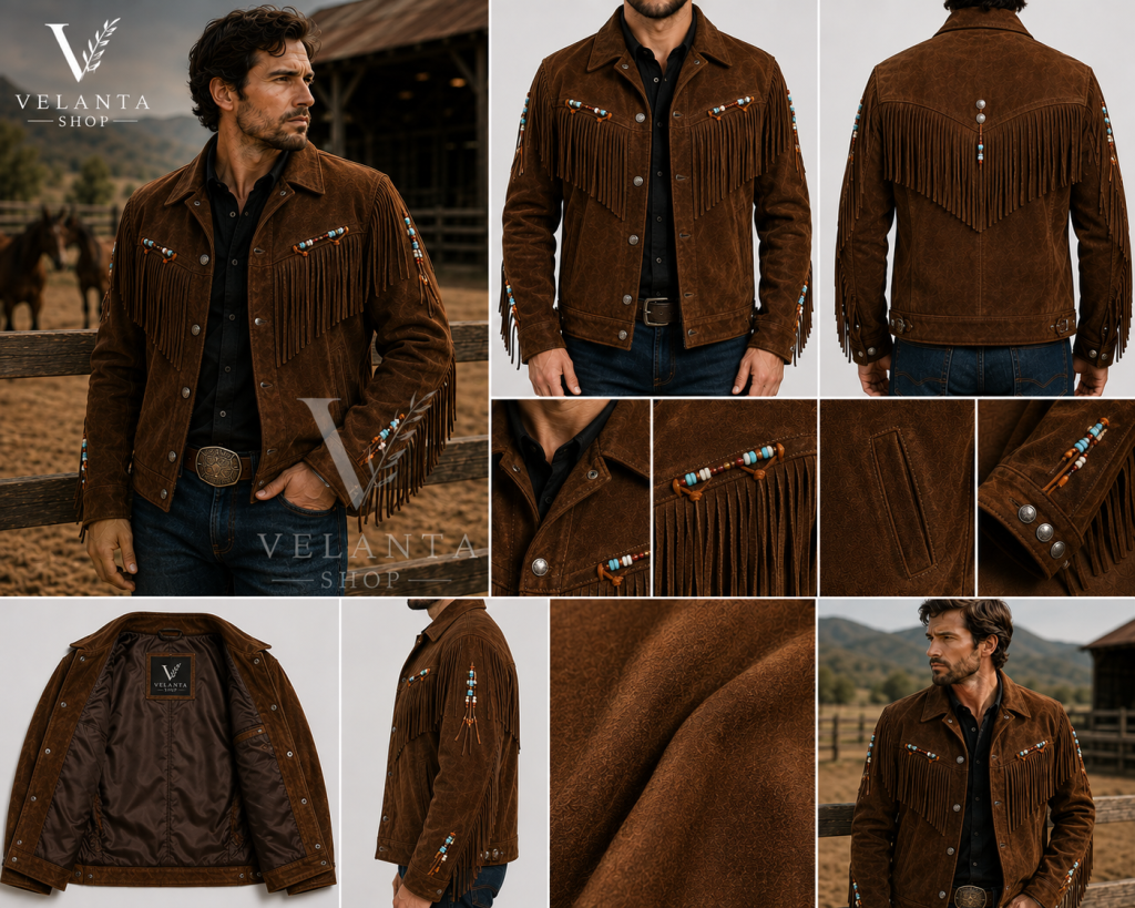 Men's Sand Suede Western Beaded Fringe Jacket